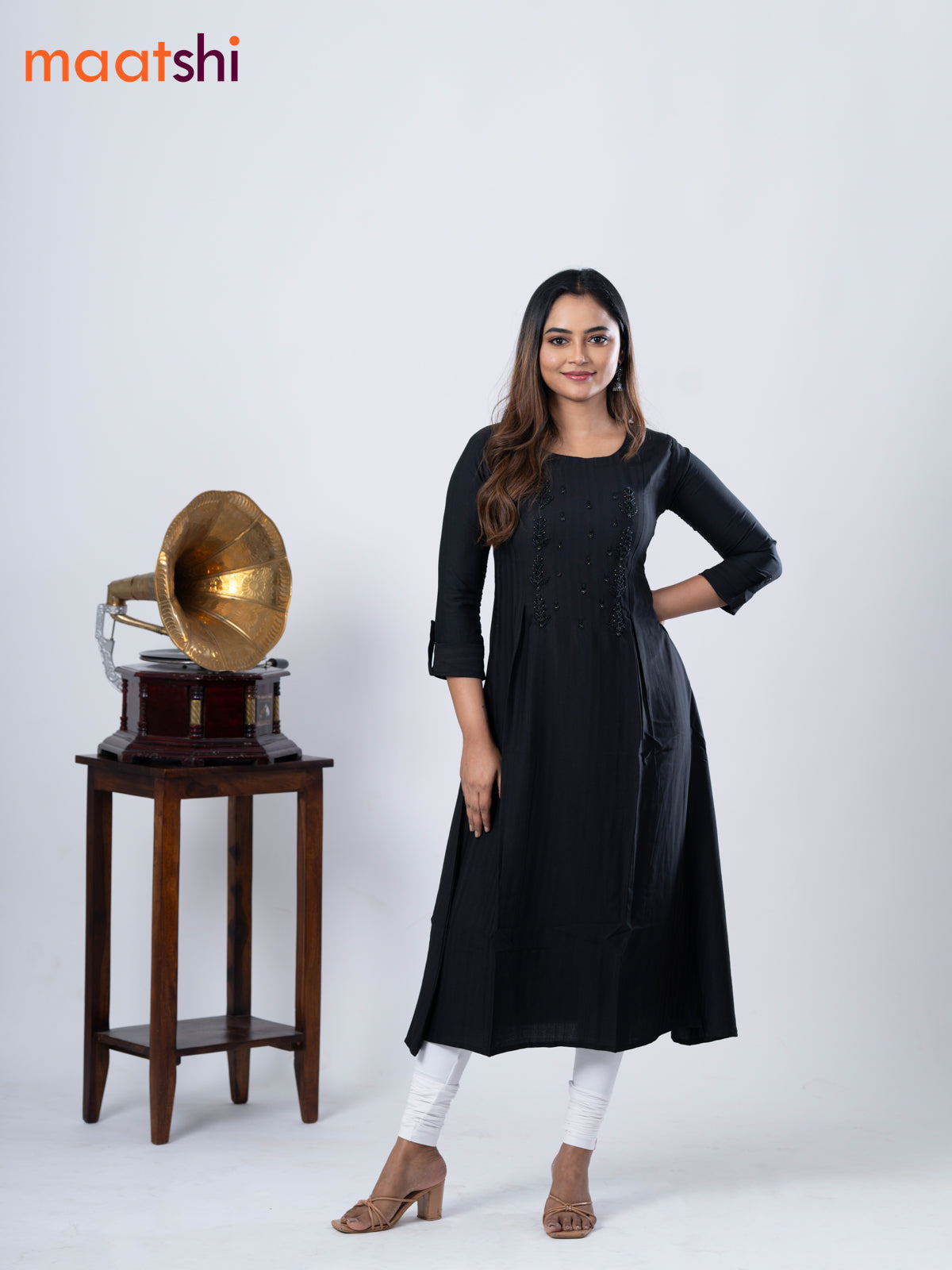 Rayon A-line kurti black and with beaded embroidery work neck pattern and without pant