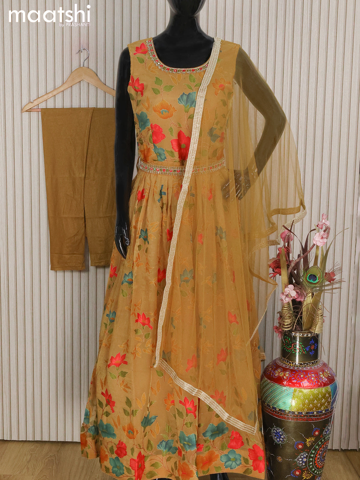 Chiffon readymade anarkali can can salwar suits dark mustard and with allover floral prints & zardosi work neck pattern and straight cut pant & netted dupatta