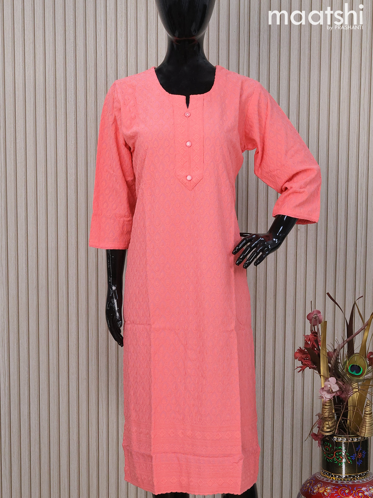 Soft cotton readymade kurti peach pink and with allover chikankari work & simple neck pattern and without pant