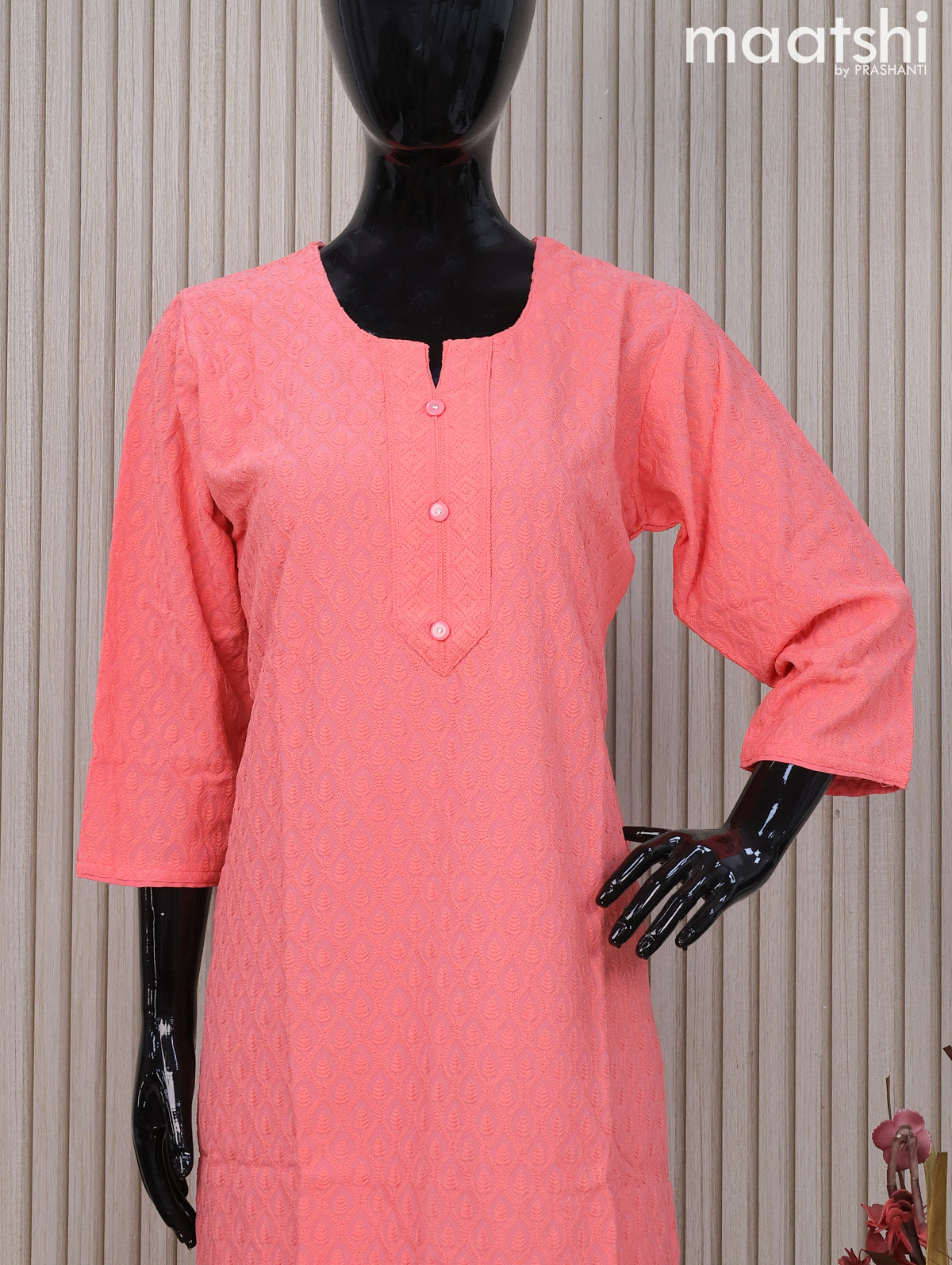 Soft cotton readymade kurti peach pink and with allover chikankari work & simple neck pattern and without pant