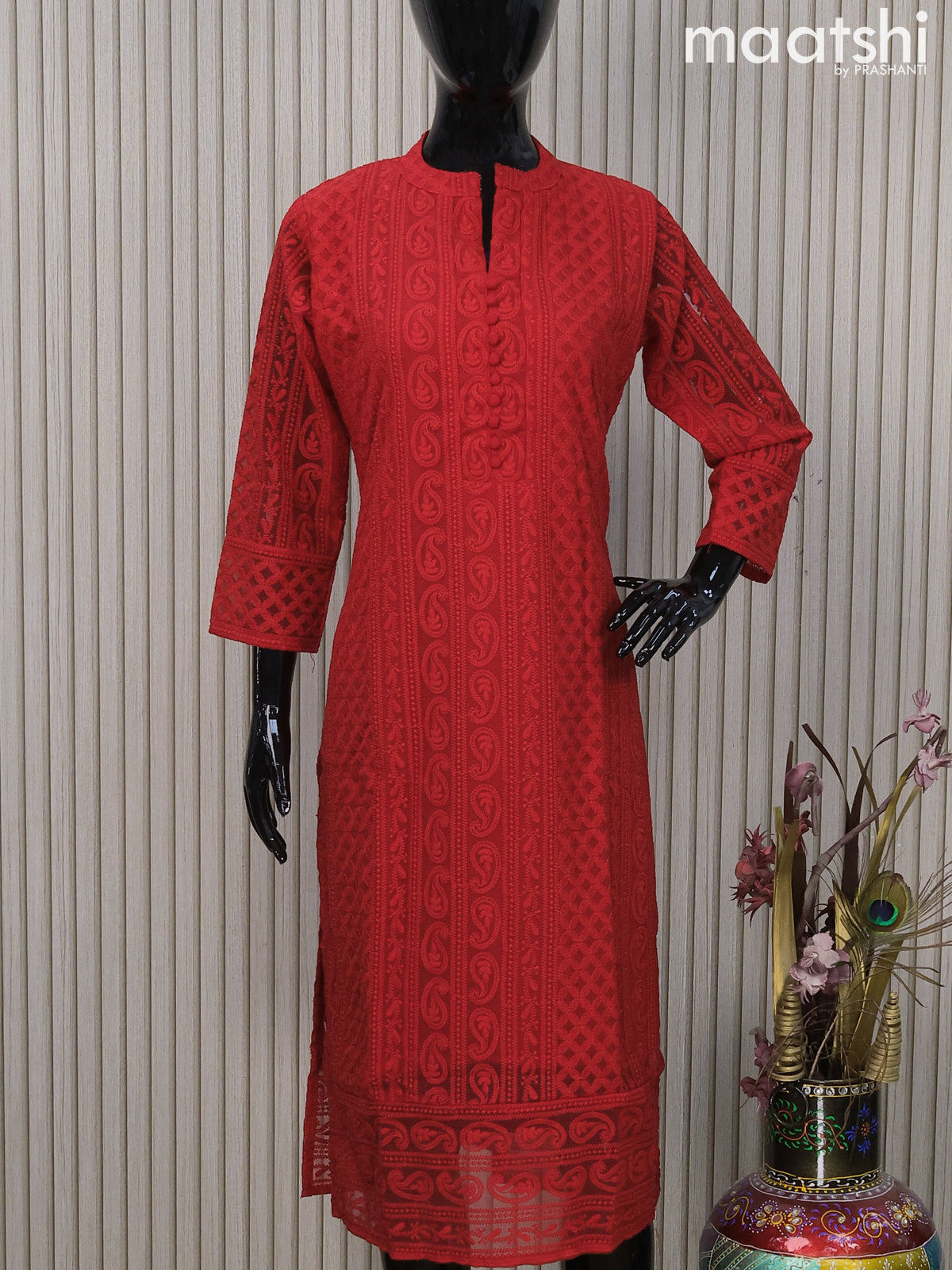 Semi georgette readymade kurti red and with allover chikankari work & simple neck pattern and without pant