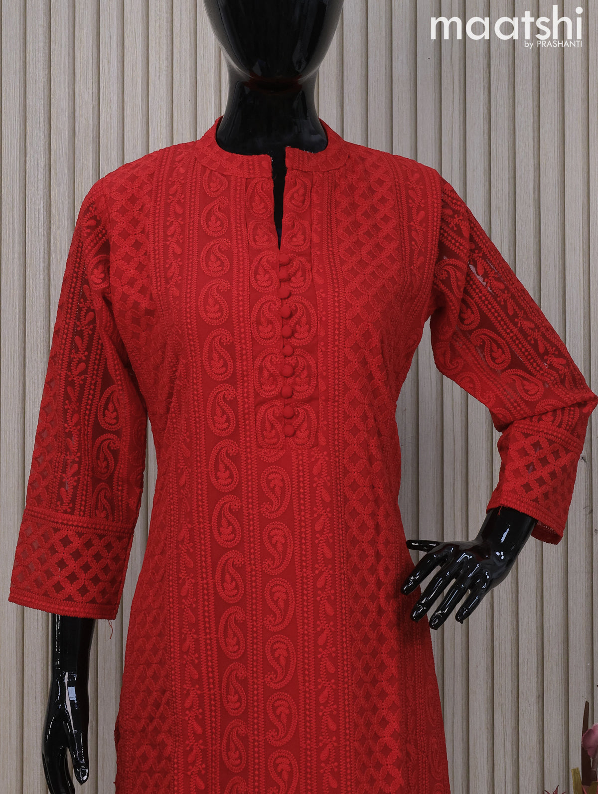 Semi georgette readymade kurti red and with allover chikankari work & simple neck pattern and without pant