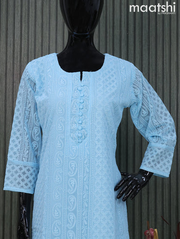 Semi georgette readymade kurti light blue and with allover chikankari work & simple neck pattern and without pant