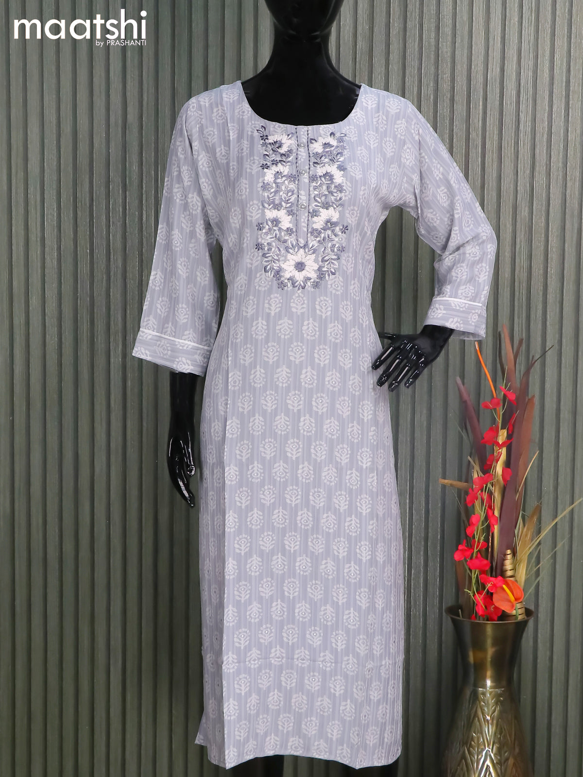 Cotton readymade kurti grey and with butta prints & embroidery work neck pattern and without pant