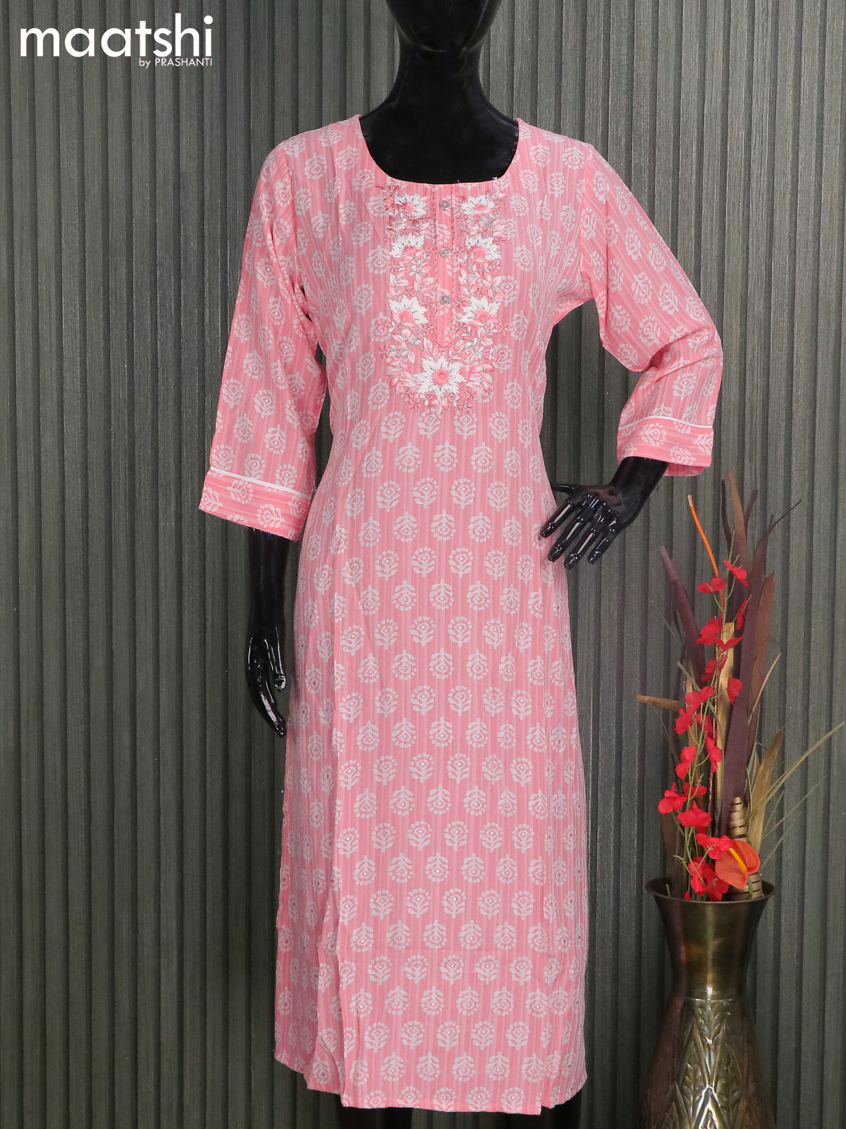 Cotton readymade kurti light pink and with butta prints & embroidery work neck pattern and without pant