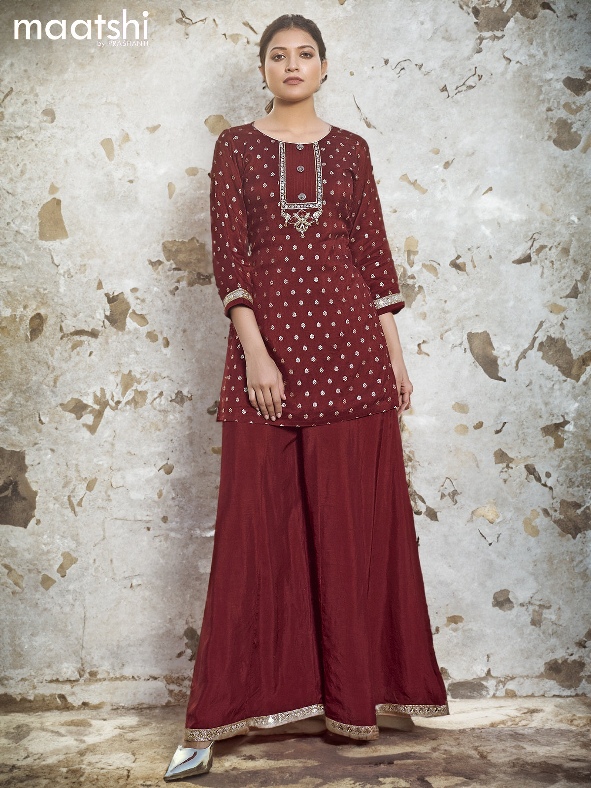 Raw silk readymade party wear kurti set maroon with butta prints & zardosi work neck pattern and elephant palazzo pant