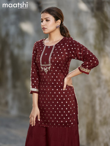 Raw silk readymade party wear kurti set maroon with butta prints & zardosi work neck pattern and elephant palazzo pant