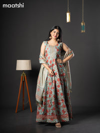 Chanderi readymade anarkali salwar suit pastel blue with allover prints & zardosi work neck pattern and straight cut pant & printed dupatta