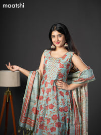 Chanderi readymade anarkali salwar suit pastel blue with allover prints & zardosi work neck pattern and straight cut pant & printed dupatta