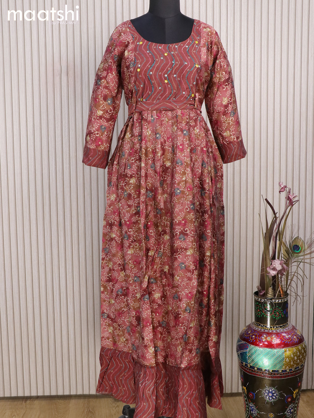 Muslin readymade floor length kurti maroon with allover prints & hip belt and without pant