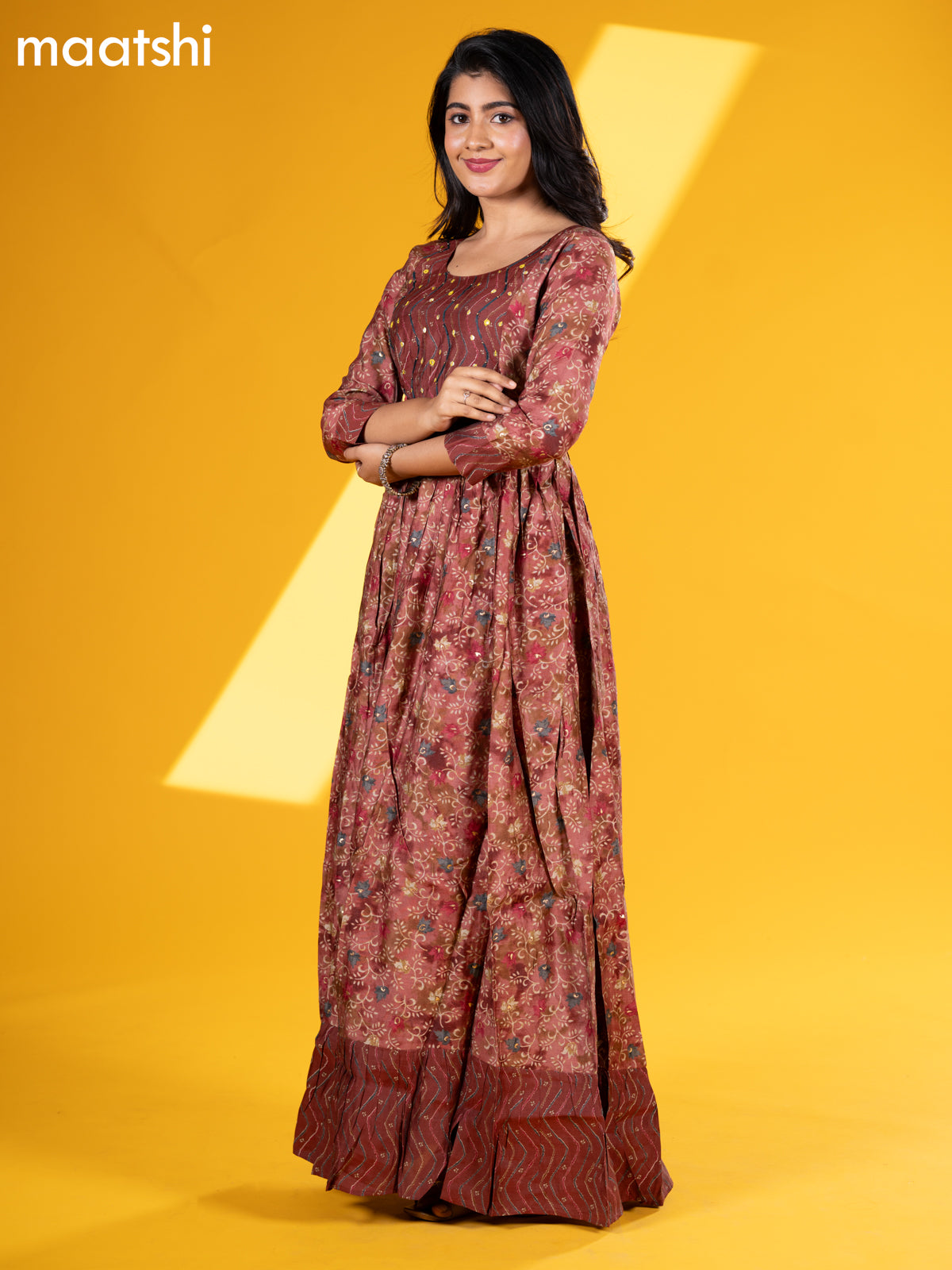 Muslin floor length dress maroon with allover prints & hip belt and without pant