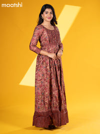 Muslin floor length dress maroon with allover prints & hip belt and without pant