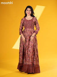 Muslin floor length dress maroon with allover prints & hip belt and without pant