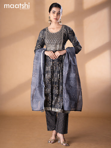 Modal readymade naira cut salwar suits elephant grey with allover prints & sequin work neck pattern and straight cut pant & printed dupatta