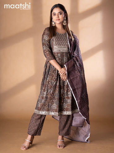 Modal readymade naira cut salwar suits brown with allover prints & sequin work neck pattern and straight cut pant & printed dupatta