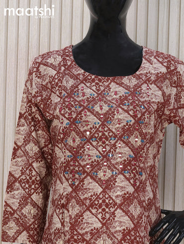 Soft cotton readymade A-line kurti beige and maroon with allover prints & mirror embroidery work neck pattern and without pant