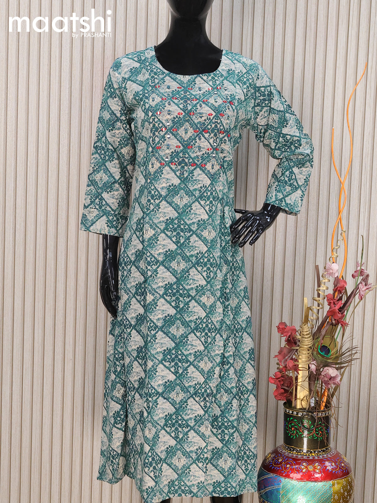 Soft cotton readymade A-line kurti beige and peacock blue with allover prints & mirror embroidery work neck pattern and without pant