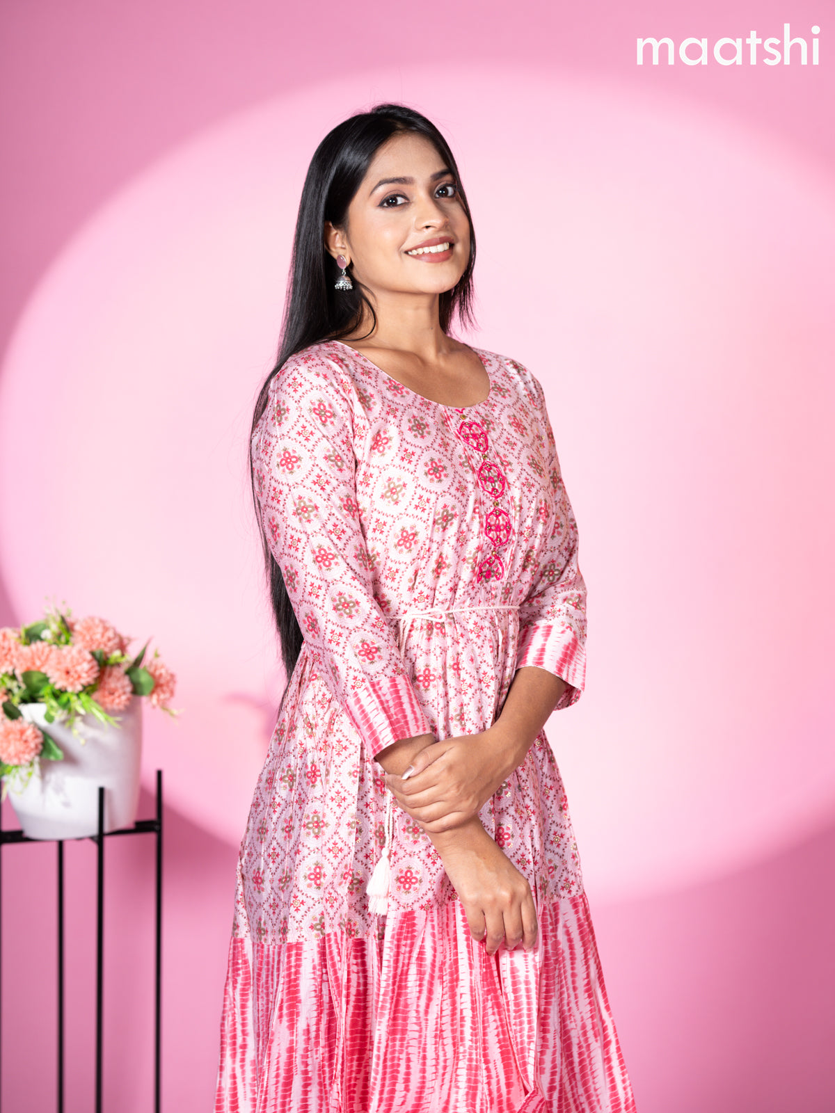 Modal readymade umbrella short kurti pastel pink with allover prints & beaded work neck pattern without pant