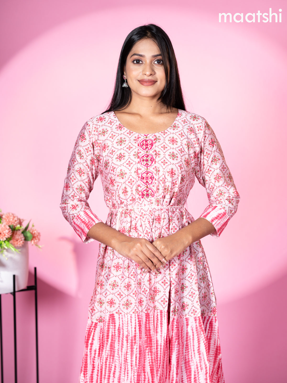 Modal readymade umbrella short kurti pastel pink with allover prints & beaded work neck pattern without pant