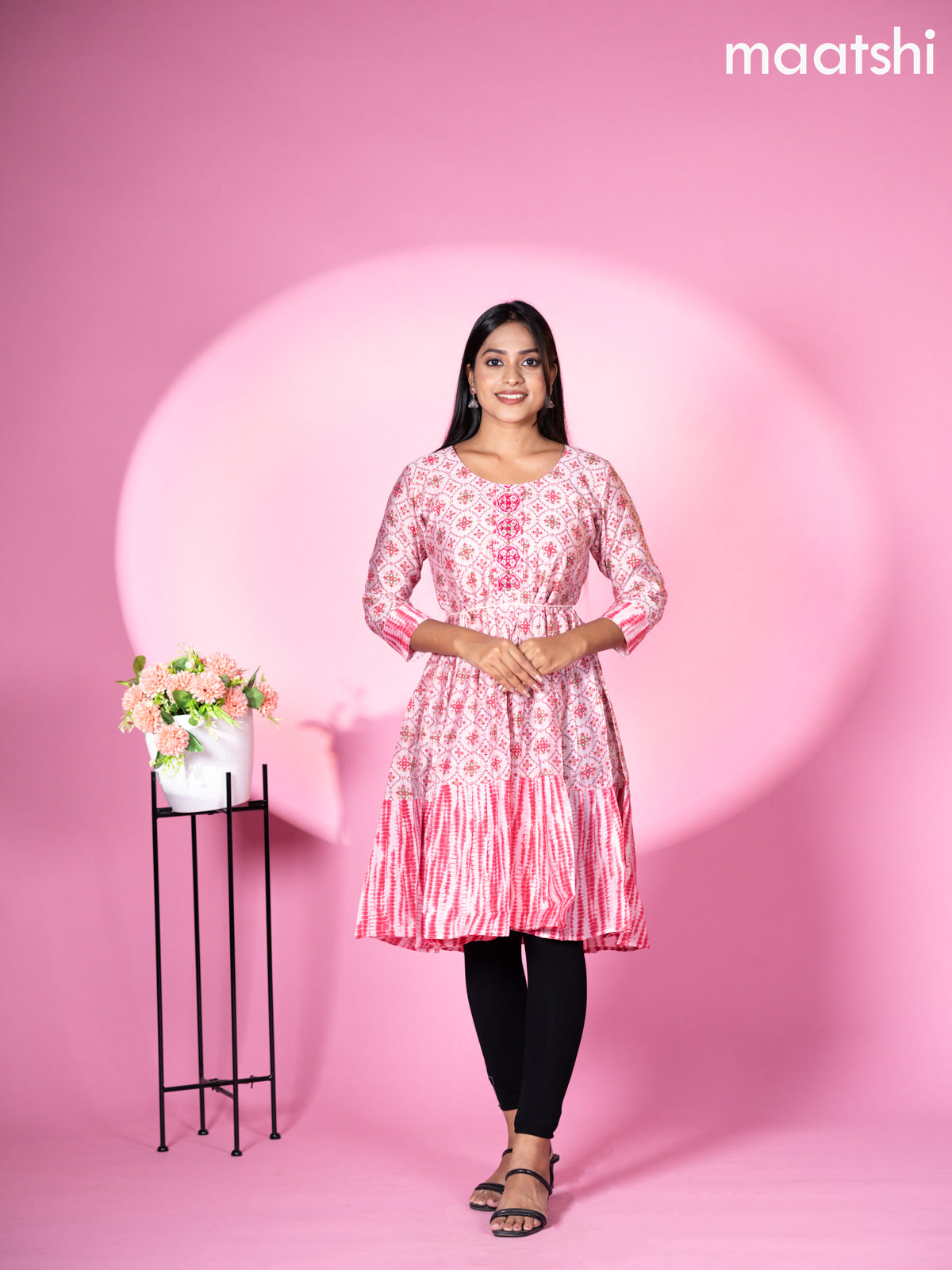 Modal readymade umbrella short kurti pastel pink with allover prints & beaded work neck pattern without pant