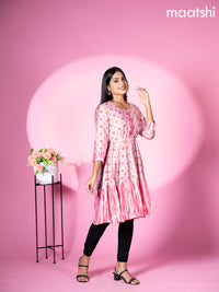 Modal readymade umbrella short kurti pastel pink with allover prints & beaded work neck pattern without pant