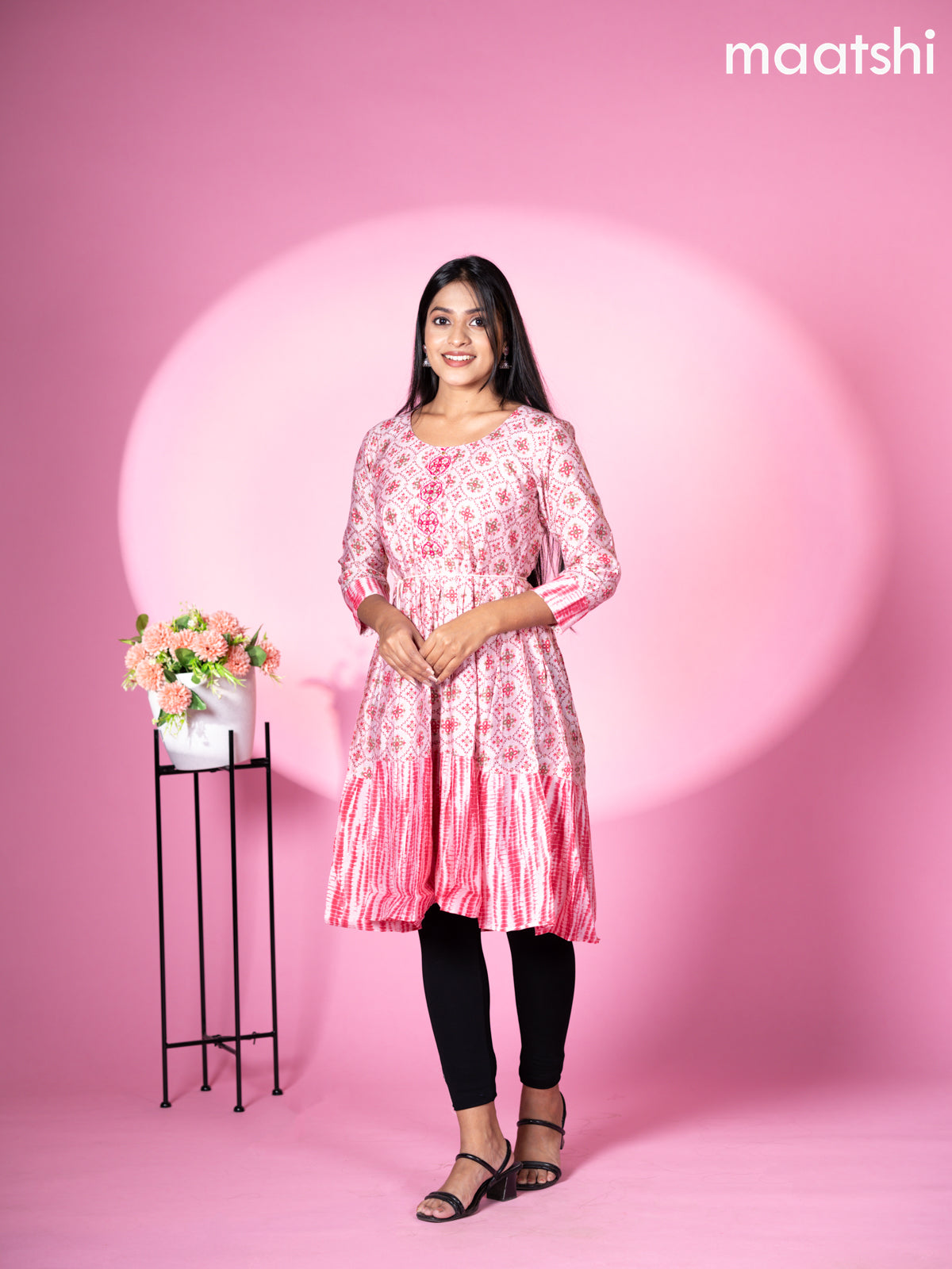 Modal readymade umbrella short kurti pastel pink with allover prints & beaded work neck pattern without pant