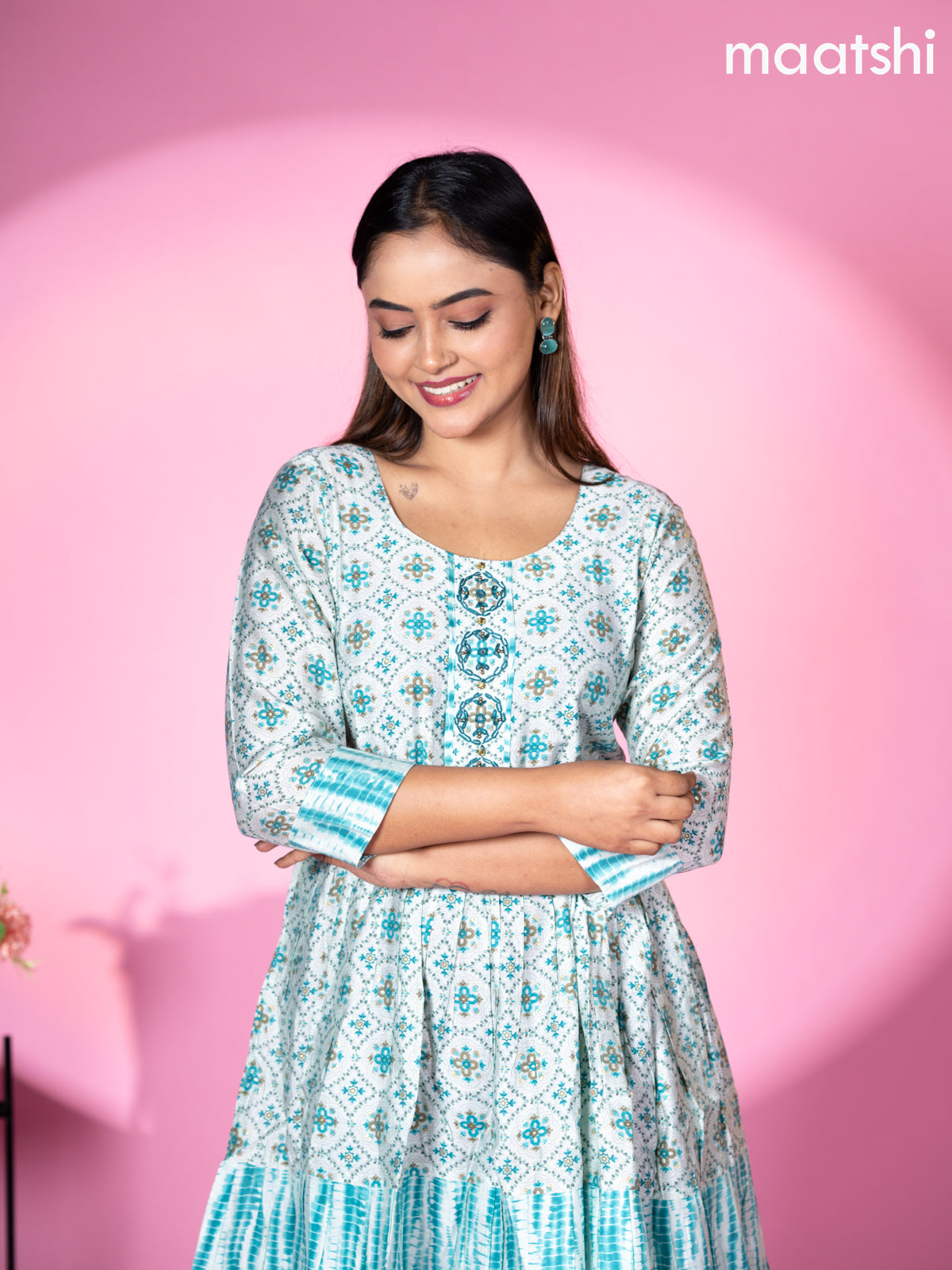 Modal readymade umbrella short kurti pastel blue with allover prints & beaded work neck pattern without pant