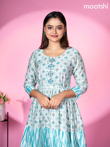 Modal readymade umbrella short kurti pastel blue with allover prints & beaded work neck pattern without pant