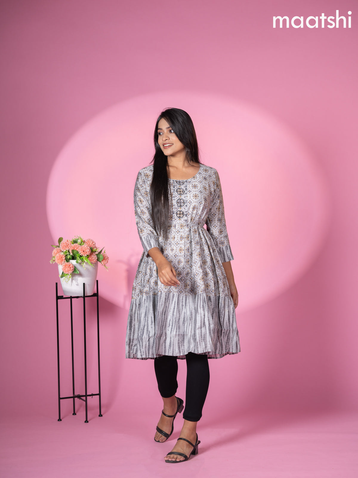 Modal readymade umbrella short kurti grey with allover prints & beaded work neck pattern without pant