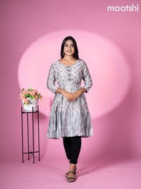 Modal readymade umbrella short kurti grey with allover prints & beaded work neck pattern without pant