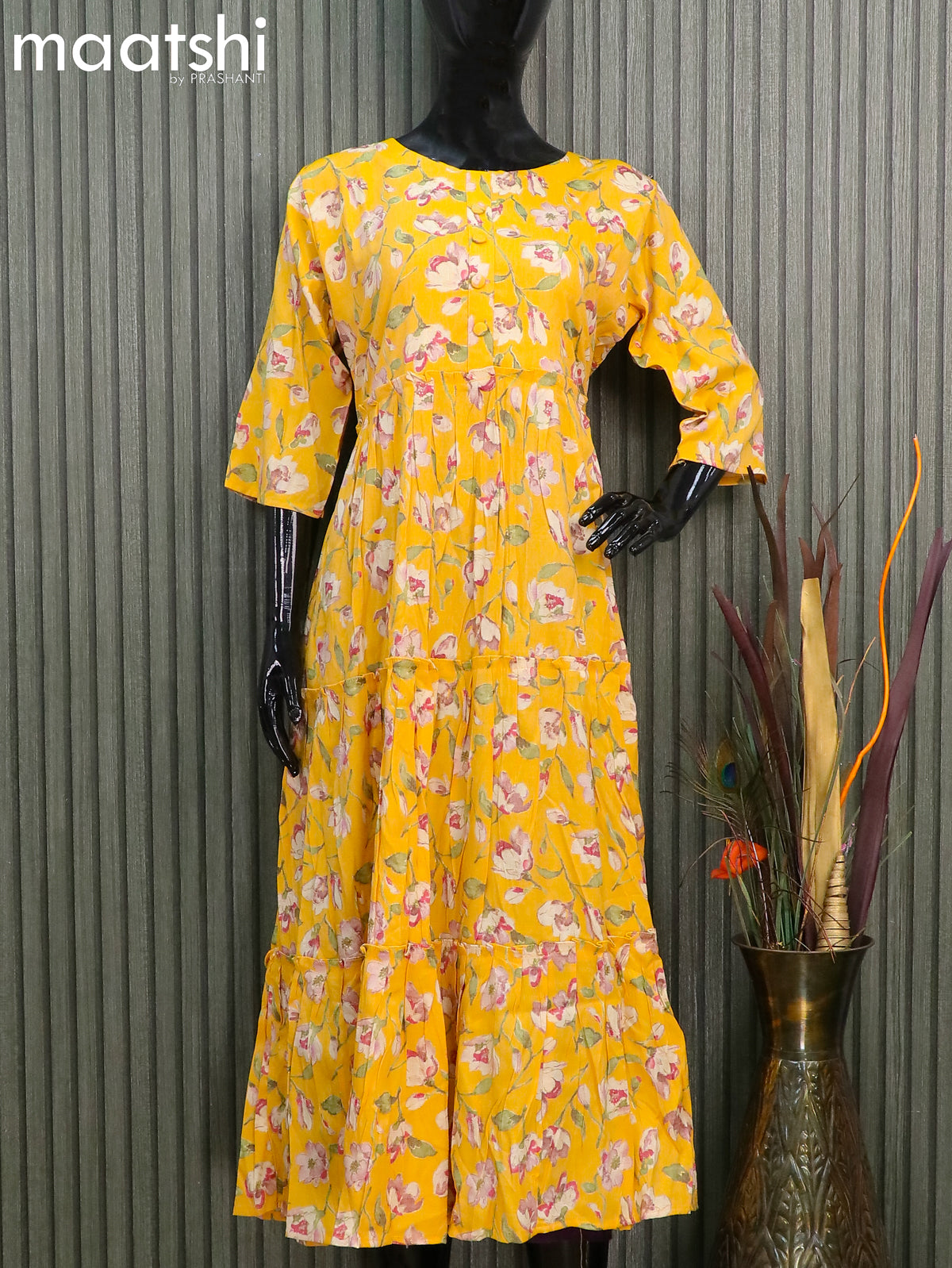 Rayon readymade umbrella kurti yellow with allover floral prints without pant