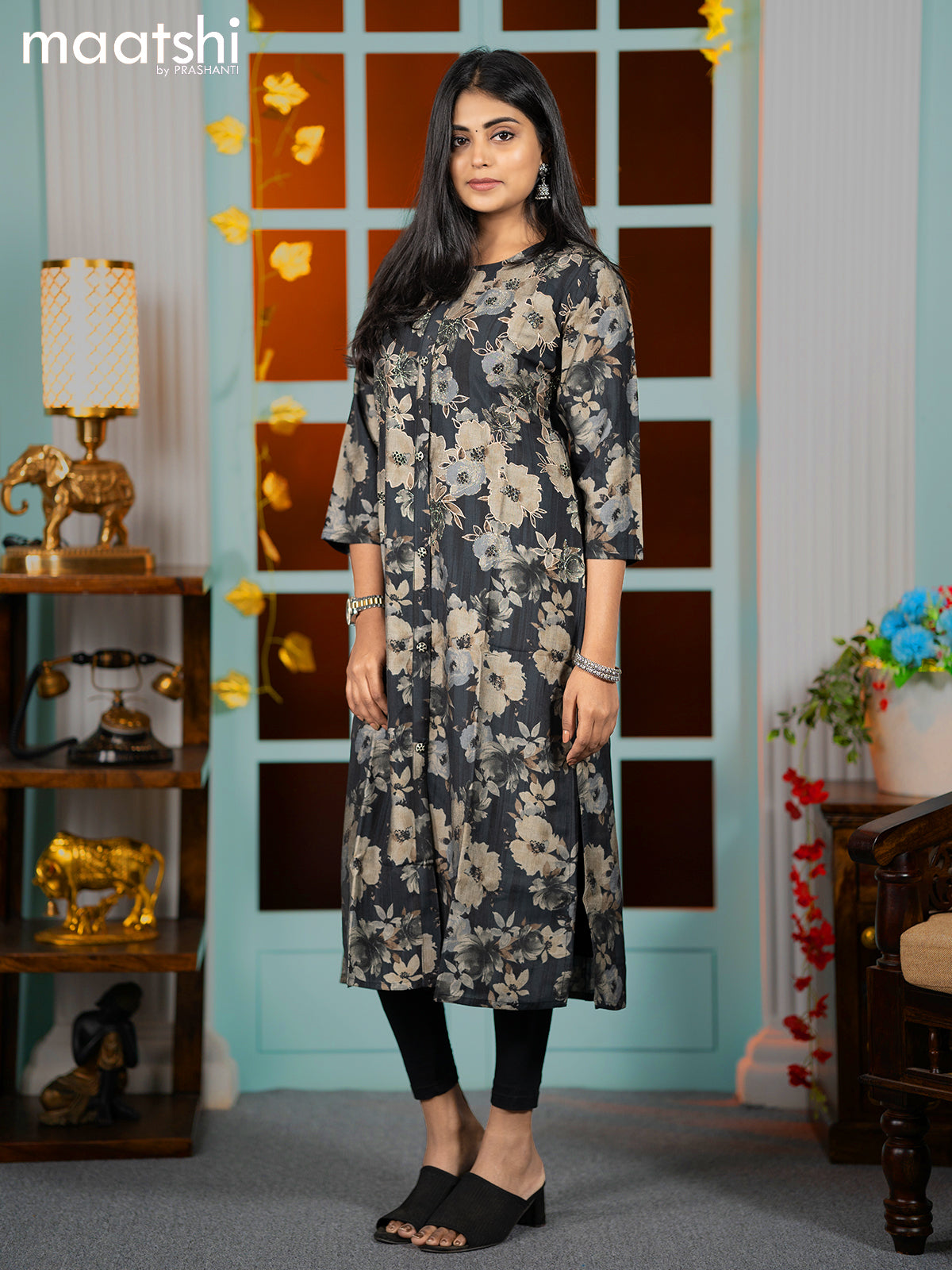 Modal readymade A-line kurti dark elephant grey with allover floral prints & embroidery neck pattern without pant