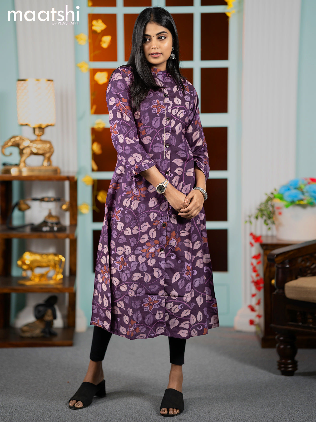 Modal readymade A-line kurti deep purple with allover kalamkari prints without pant