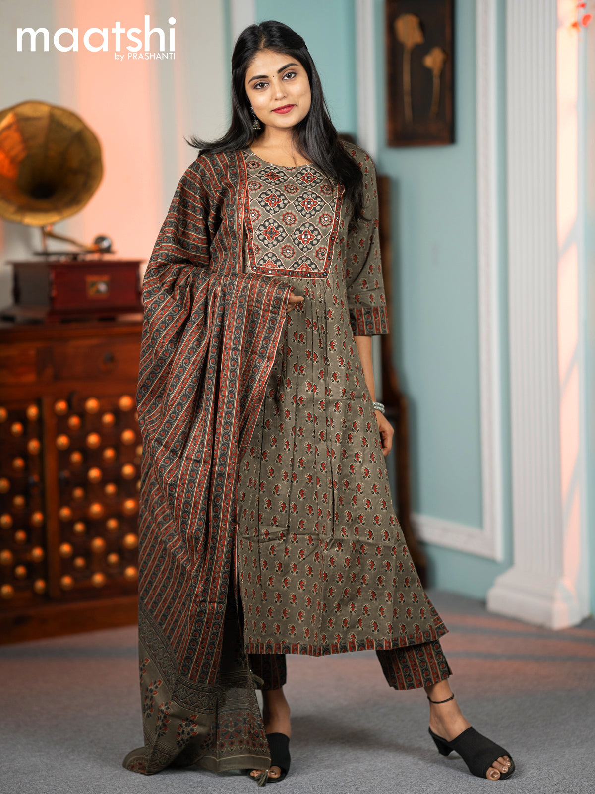 Cotton readymade kurti set grey shade with allover ajrakh prints & mirror work neck pattern and straight cut pant & printed dupatta