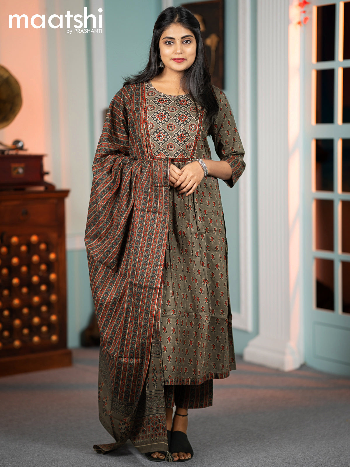 Cotton readymade kurti set grey shade with allover ajrakh prints & mirror work neck pattern and straight cut pant & printed dupatta