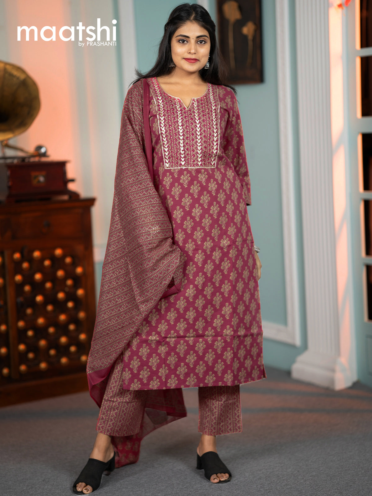 Cotton readymade kurti set pink with allover butta prints & embroidery neck pattern and straight cut pant & printed dupatta