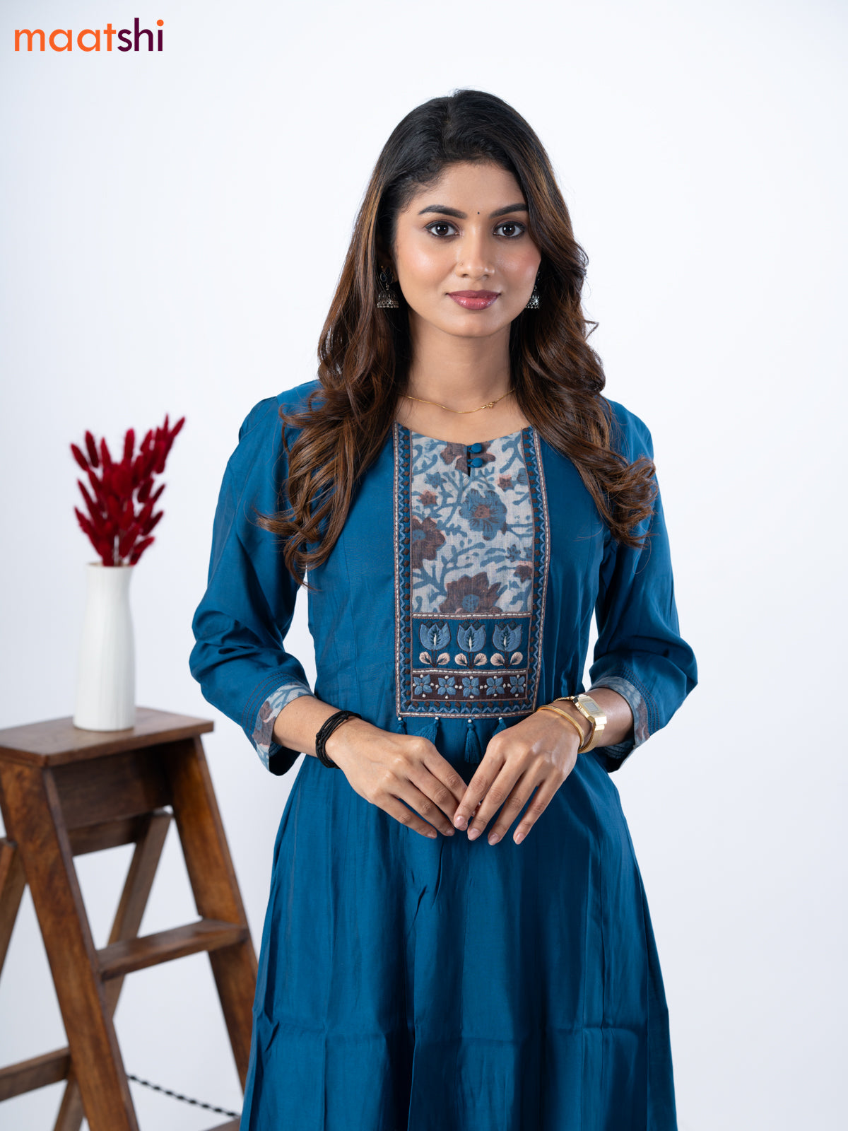 Muslin umbrella kurti peacock blue with embroidery work neck pattern and straight cut pant