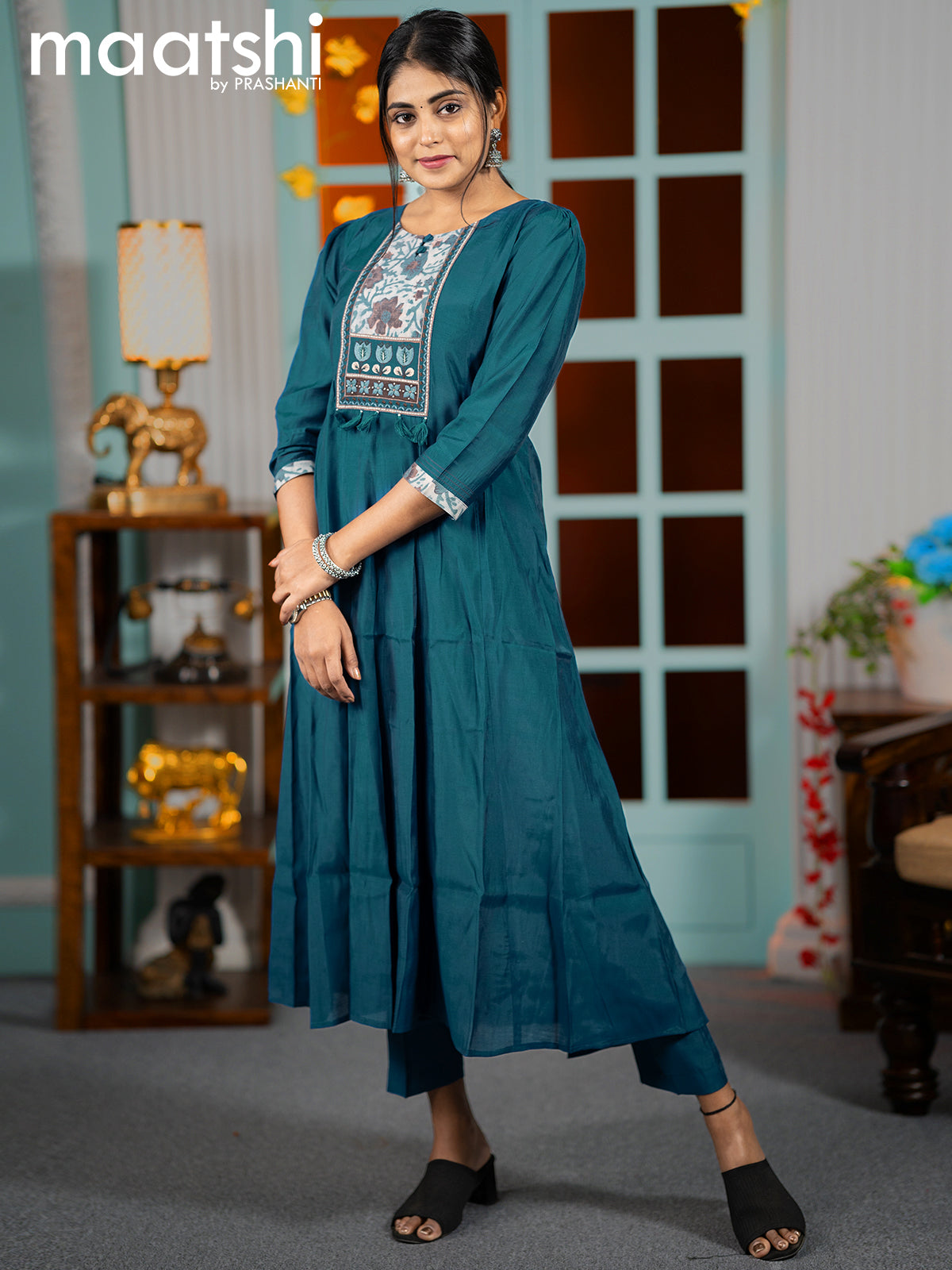 Muslin readymade umbrella kurti peacock blue with embroidery work neck pattern and straight cut pant