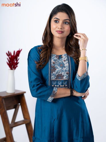 Muslin umbrella kurti peacock blue with embroidery work neck pattern and straight cut pant