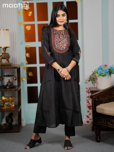 Muslin readymade umbrella kurti black with embroidery work neck pattern and straight cut pant