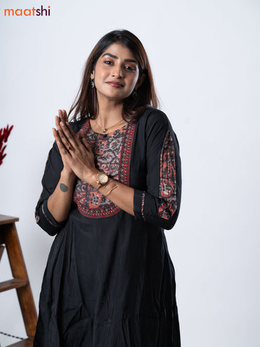 Muslin umbrella kurti black with embroidery work neck pattern and straight cut pant