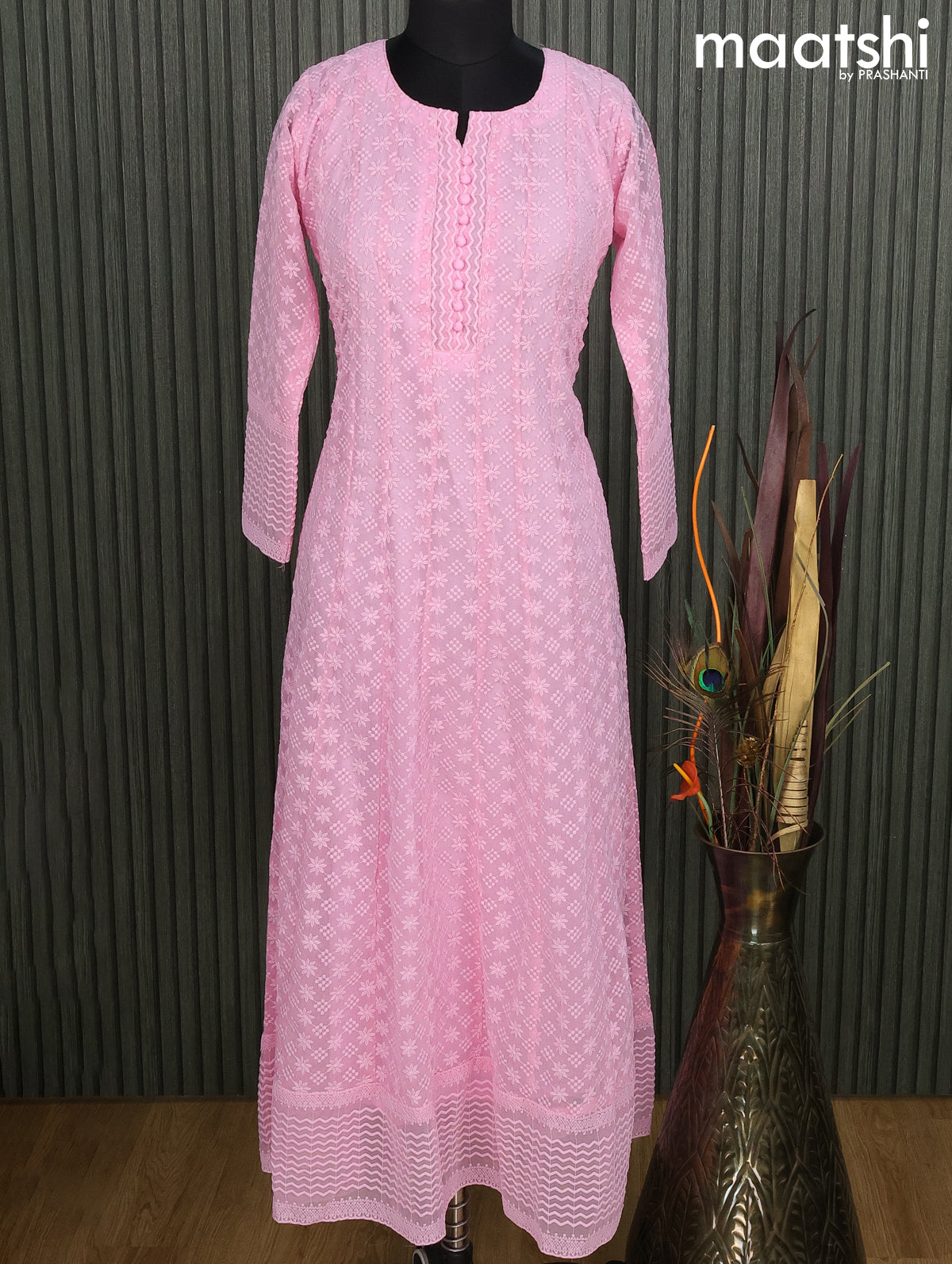 Georgette readymade anarkali kurti light pink with allover chikankari work without pant