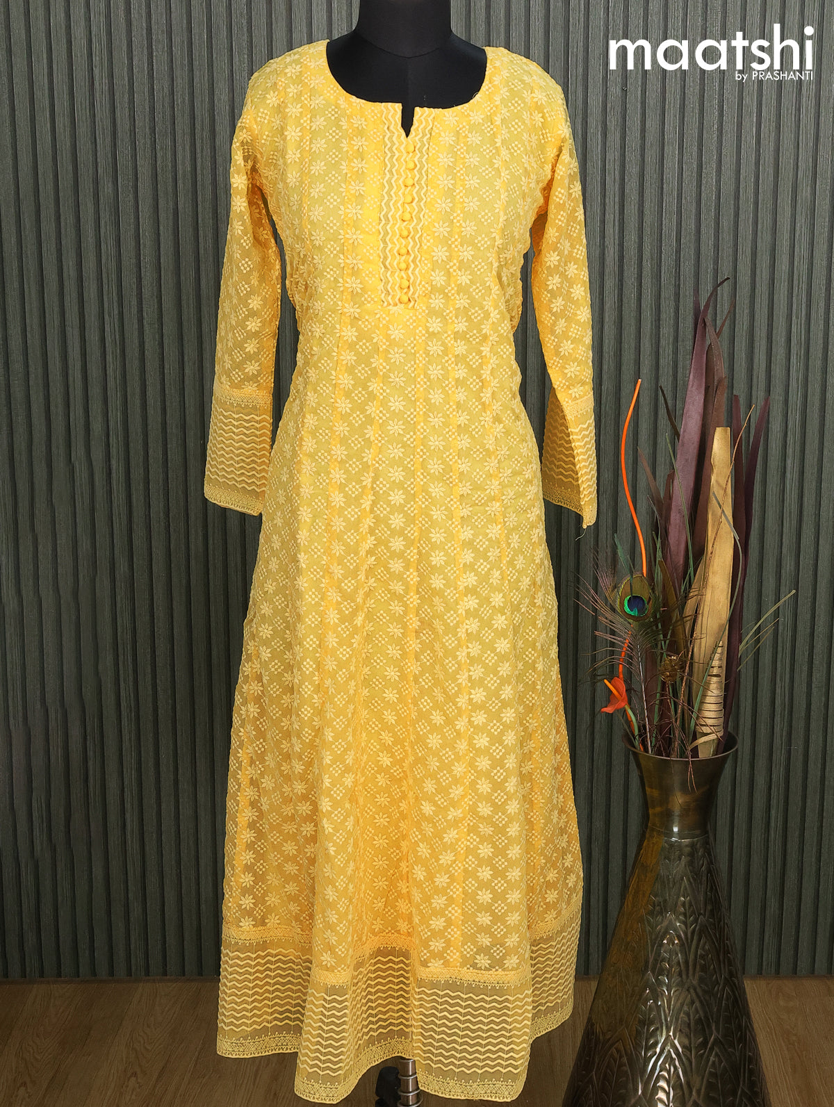 Georgette readymade anarkali kurti yellow with allover chikankari work without pant