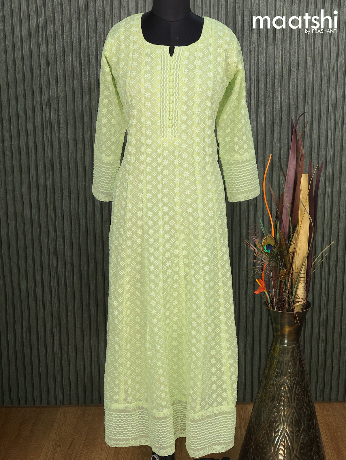 Georgette readymade anarkali kurti mild pista green with allover chikankari work without pant