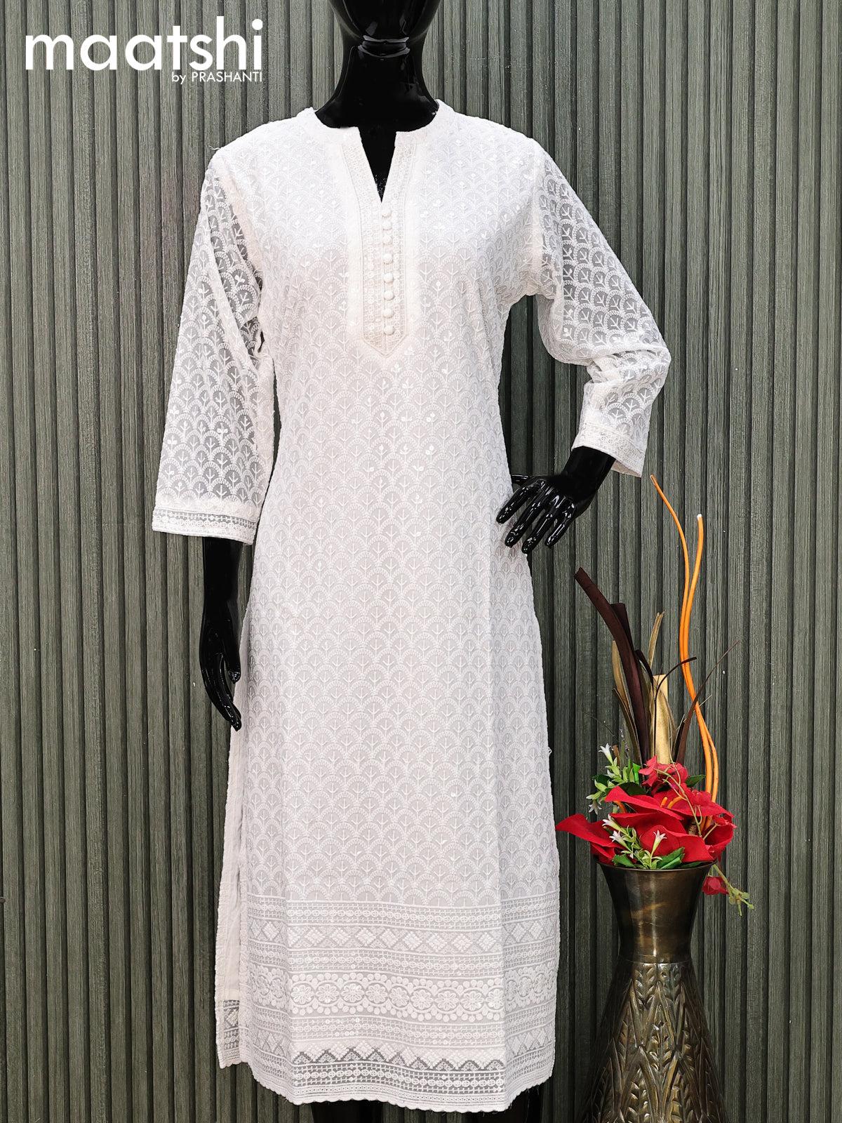 Semi georgette readymade kurti off white with allover chikankari work without pant