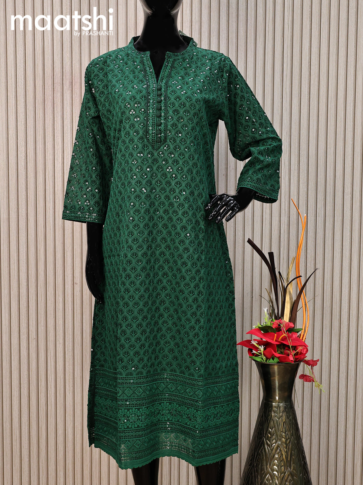 Semi georgette readymade kurti dark green with allover chikankari work without pant