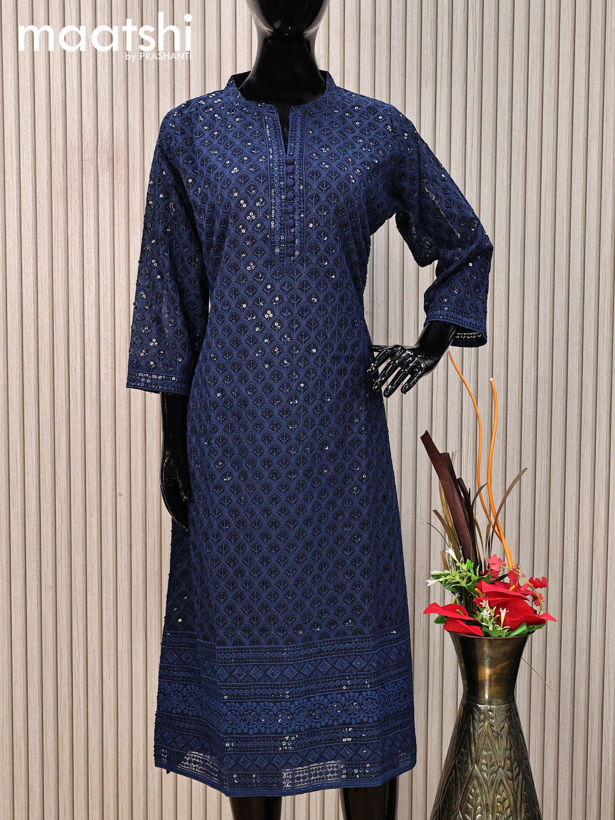 Semi georgette readymade kurti navy blue with allover chikankari work without pant