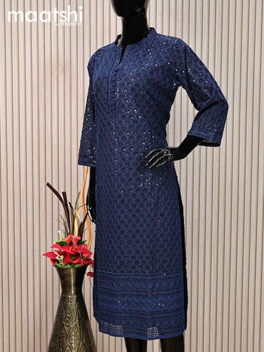 Semi georgette readymade kurti navy blue with allover chikankari work without pant