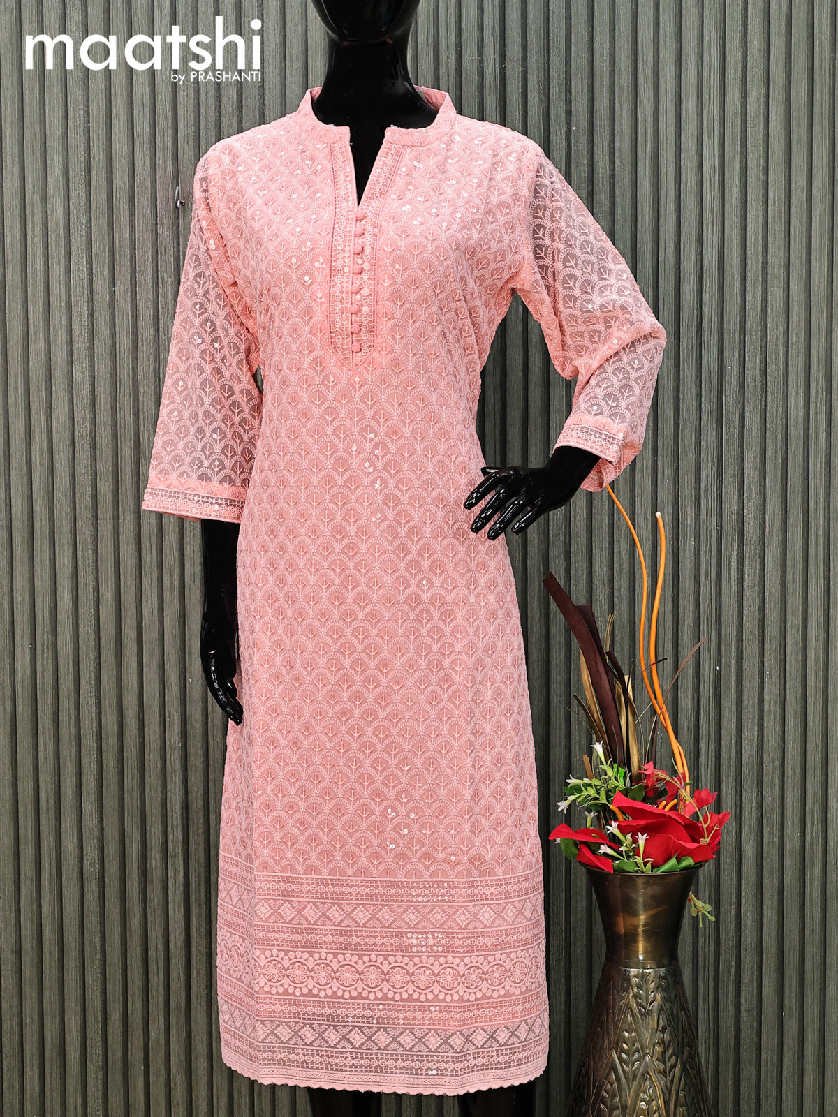 Semi georgette readymade kurti peach shade with allover chikankari work without pant