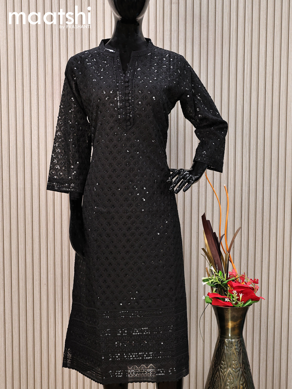 Semi georgette readymade kurti black with allover chikankari work without pant